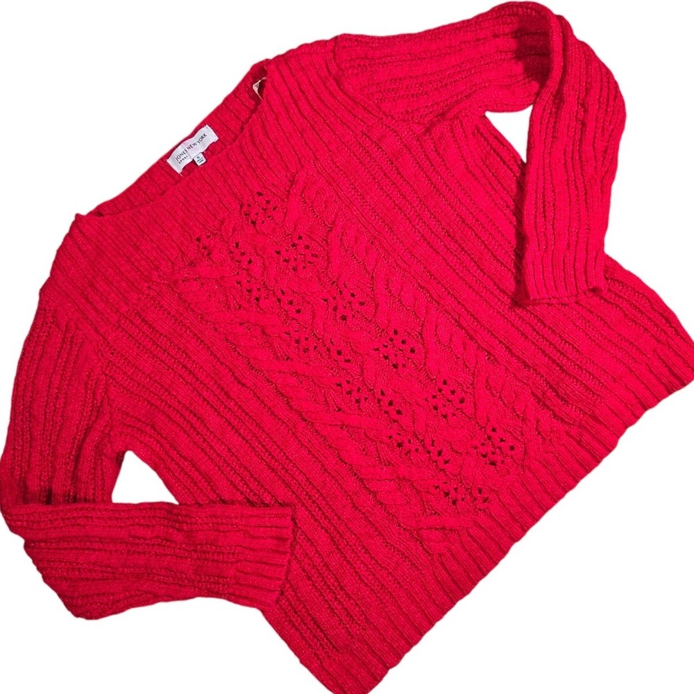 JONES NEW YORK SPORT Red Cable Knit Sweater‎ Women's XL Boat Neck Long Sleeve